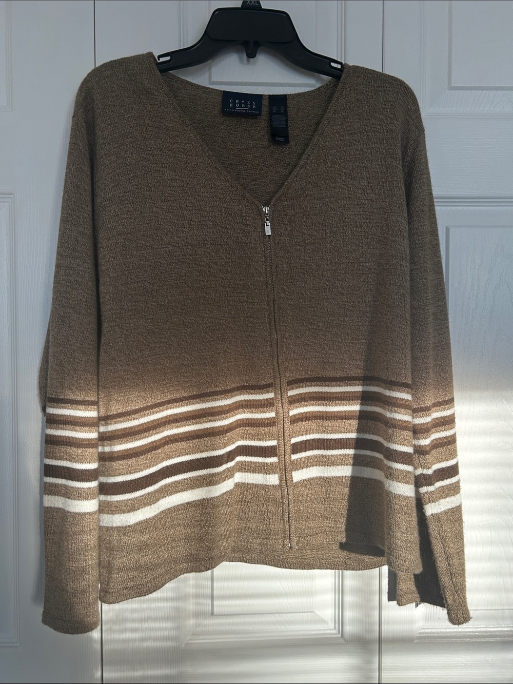 Brown V-Neck Half-Zip Sweater with Cream Stripes